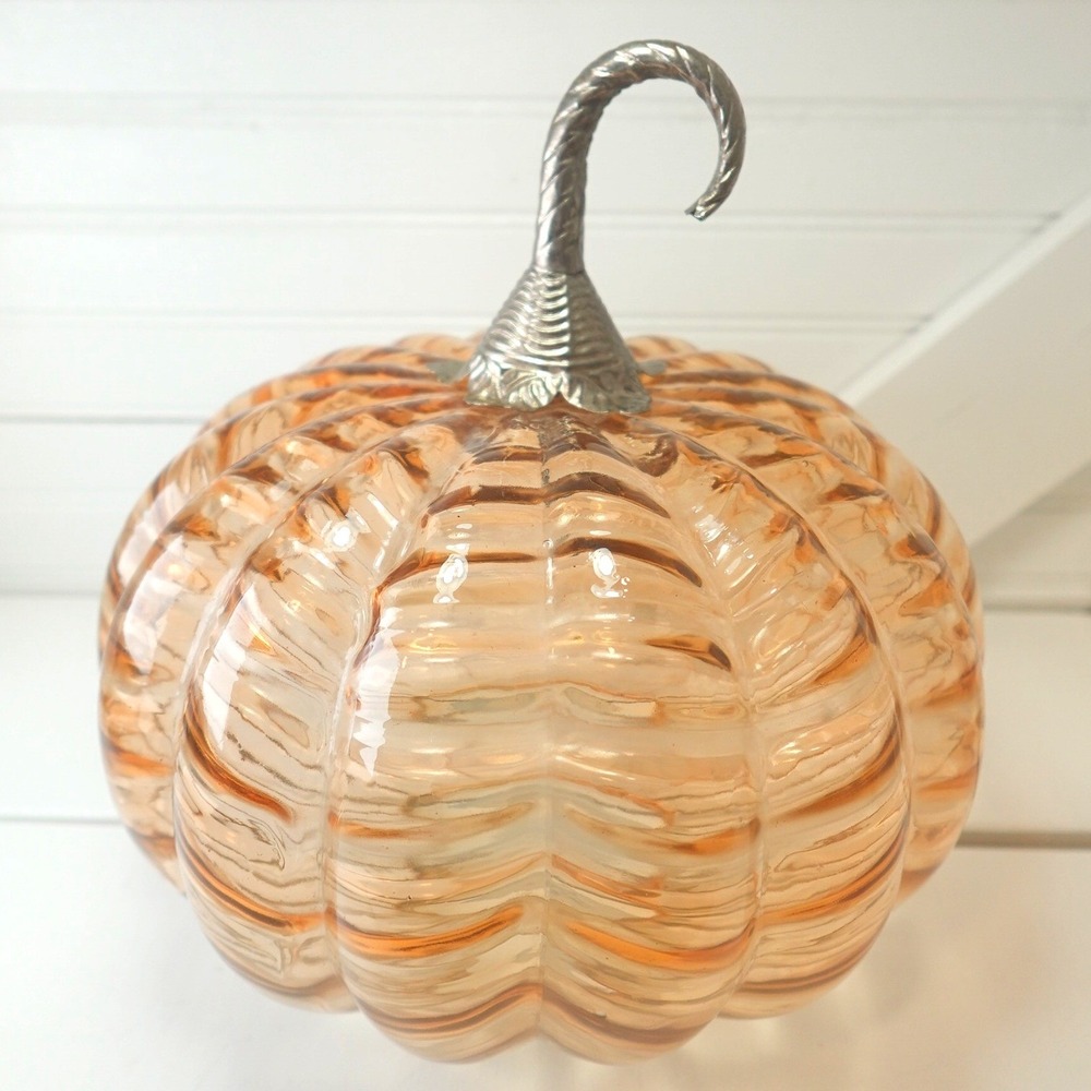 Vintage Glass Pumpkin Silver Tone Stem Orange Striped 10 inch Fall Autumn Decor